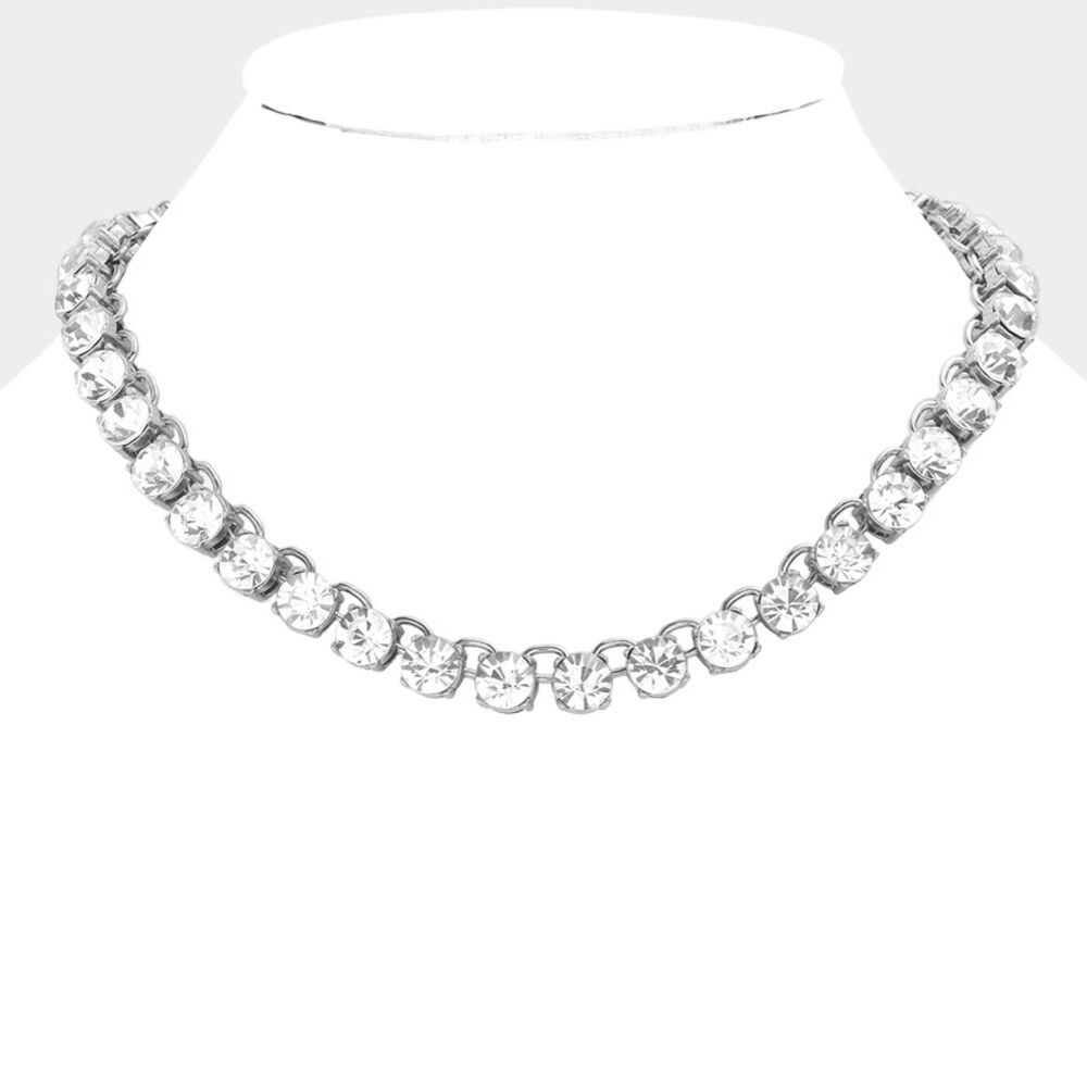 Silver Crystal Tennis Necklace Chain 18" Sexy Bling Fashion Statement Jewelry
